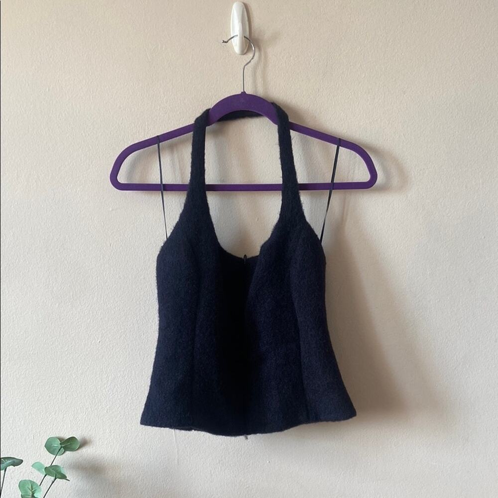 New Zara Black Fuzzy Zip Front Halter Top Small Cropped Open Back Summer Sexy